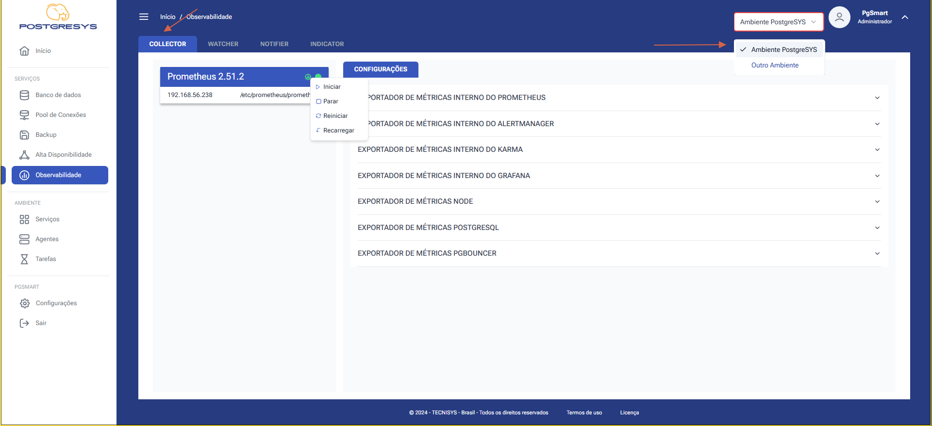 Figura 1 -Controle do Serviço de Coleta e Armazenamento de Métricas (Monitoring Service) - Prometheus