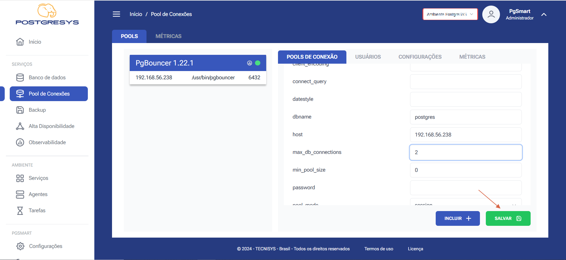 Figura 9 -Configuração dos Pools de Conexão - Edição do Parâmetro