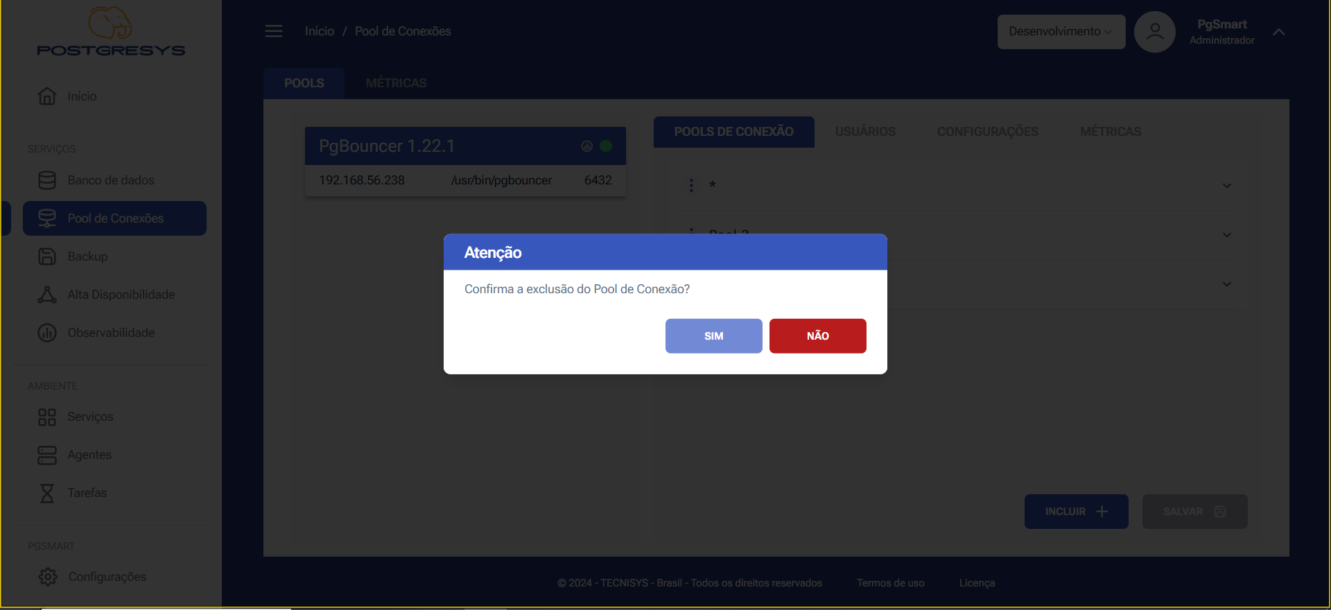 Figura 8 -Configuração dos Pools de Conexão - Excluir Pool de Conexões - Confirmação da exclusão