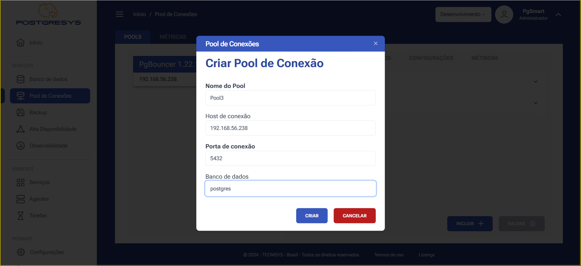 Figura 3 -Configuração dos Pools de Conexão - Incluir Pool de Conexões - Cadastro de dados