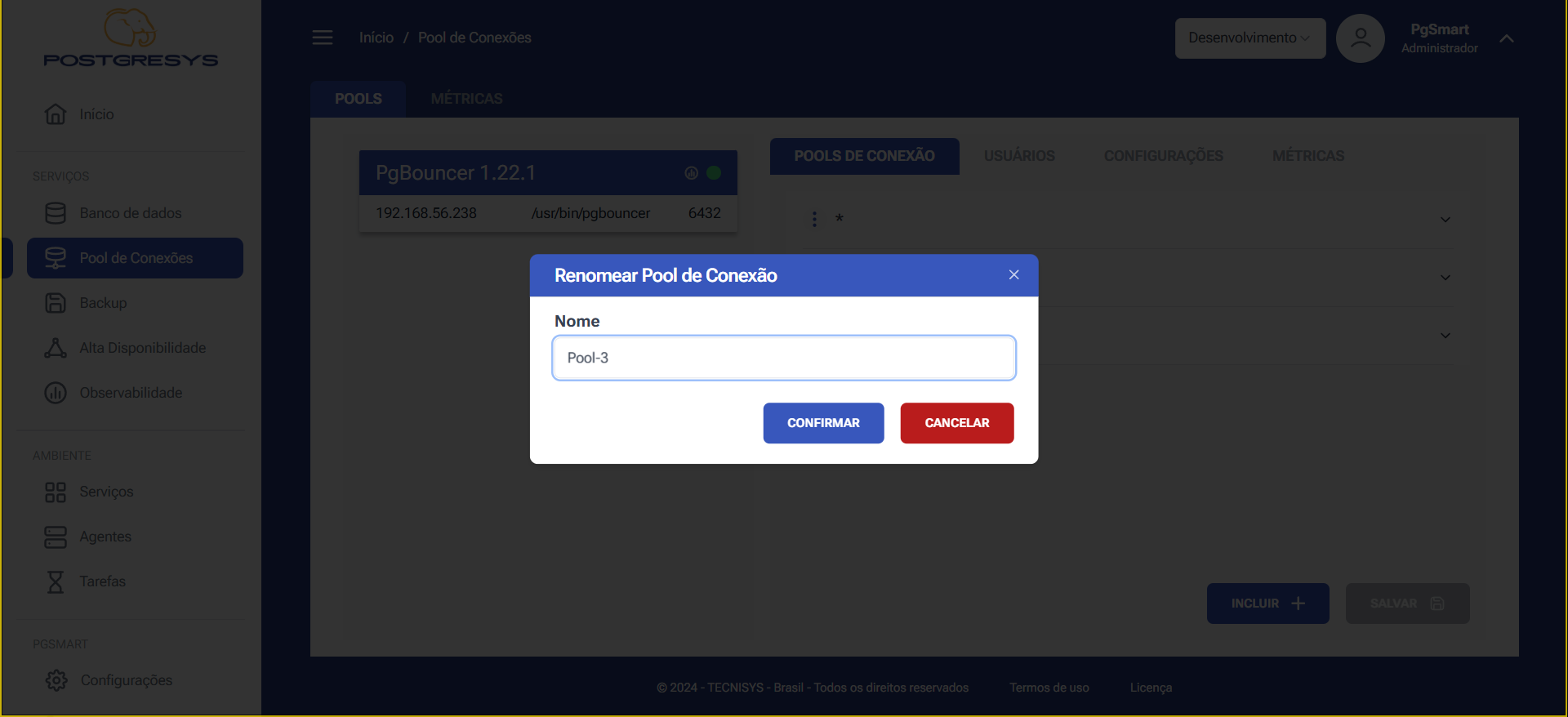 Figura 6 -Configuração dos Pools de Conexão - Renomear Pool de Conexões - Edição do nome