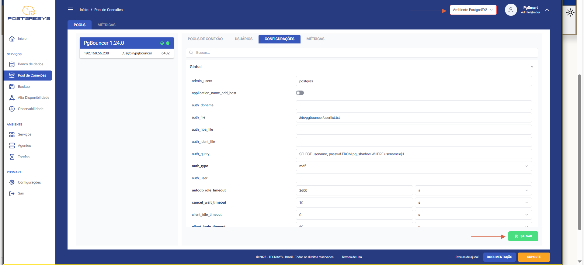 Figura 1 - Configuração dos Parâmetros do `Pool de Conexões`