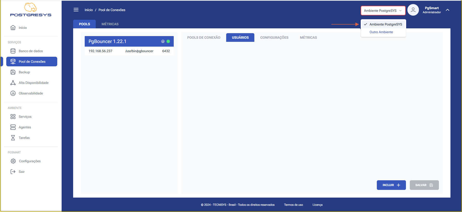 Figura 1 -Configuração dos Usuários dos Pools de Pool - Lista de Pools de Conexões