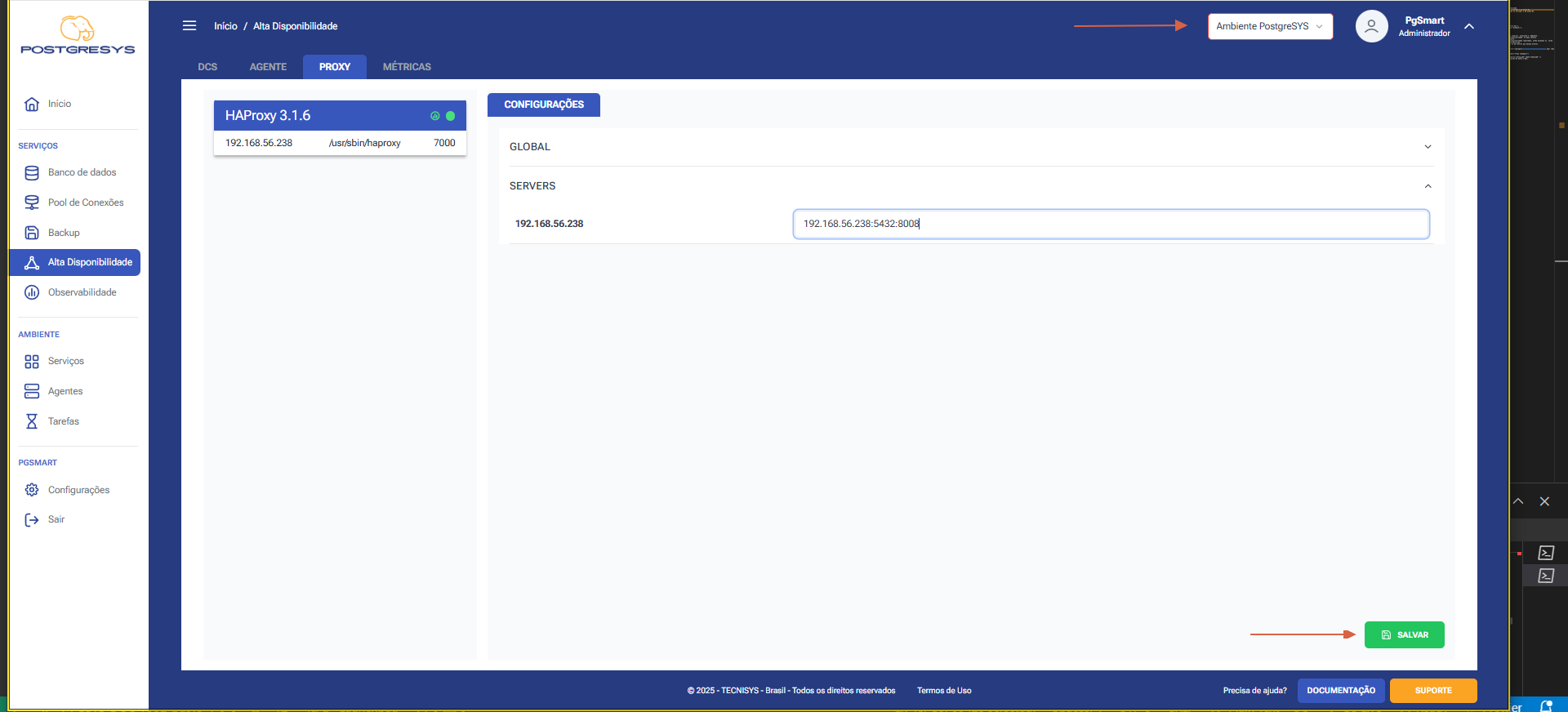 Figura 1 - Configuração dos Parâmetros do Proxy de Alta Disponibilidade