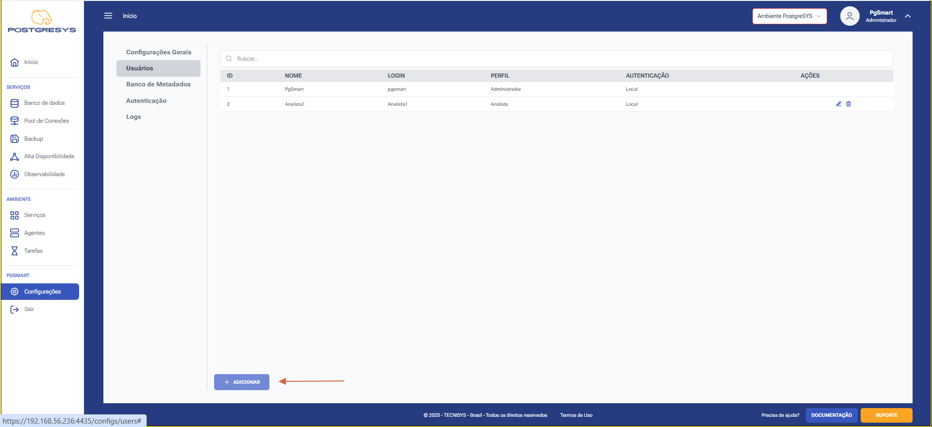 Figura 1 - Configuração de Usuário - Adicionar