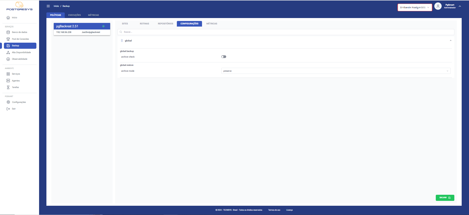 Figura 1 - Configuração dos Parâmetros de Backup - Lista de Parâmetros