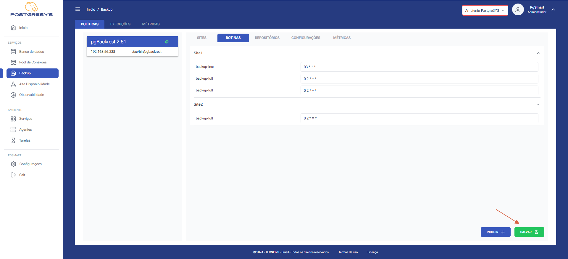 Figura 3 -Configuração dos rotinas de Backup - Edição da Rotina