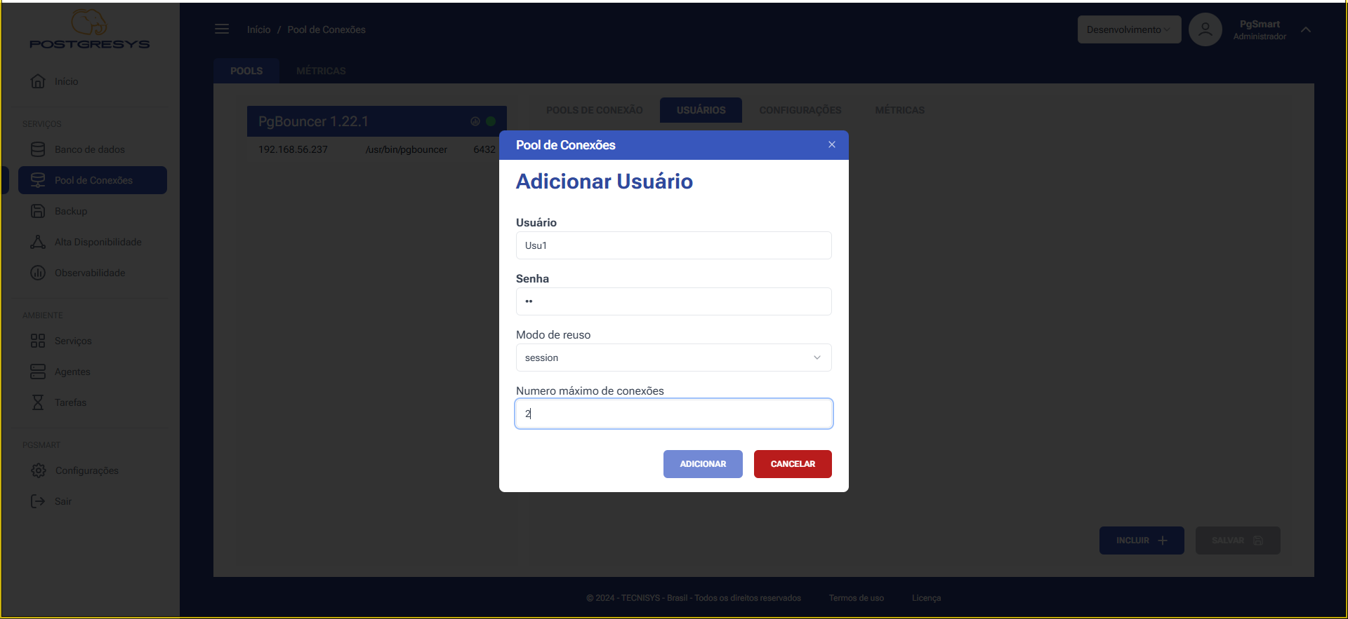 Figura 3 -Configuração dos Usuários dos Pools de Pool - Incluir Pool de Conexões - Dados do Usuário