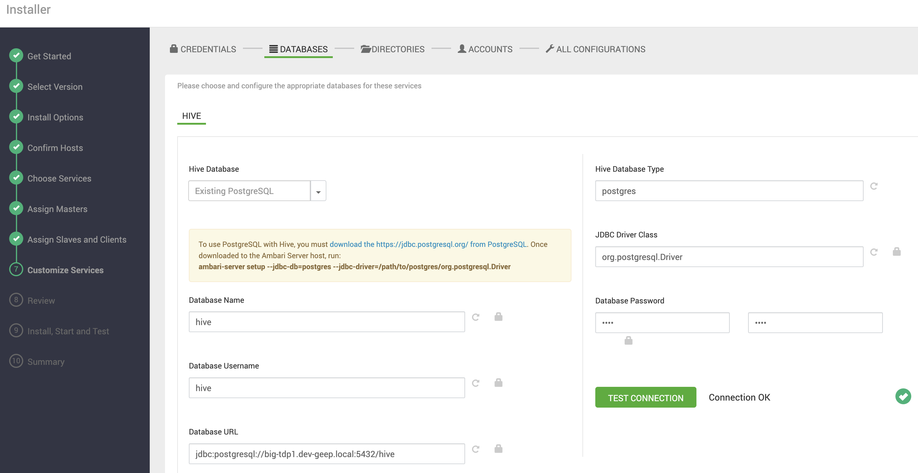 Definição dos dados de conexão do banco de dados do Hive