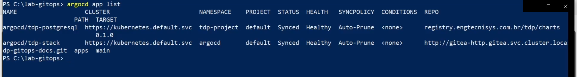 Figura 8 - Applications do TDP e seus status