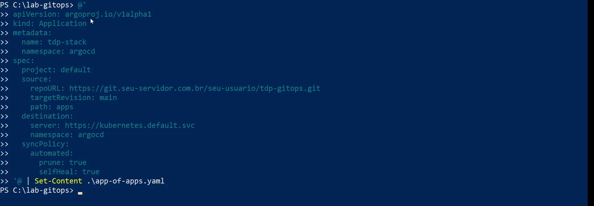 Figura 5 - Criação do Manifest app-of-apps - exemplo